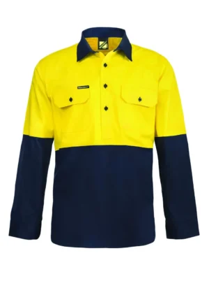LIGHTWEIGHT HI VIS CLOSED FRONT VENTED COTTON DRILL SHIRT WITH SEMI GUSSET SLEEVES