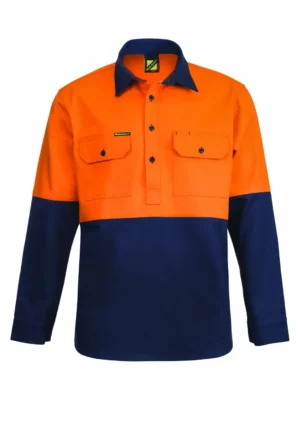 HEAVY DUTY HYBRID HI VIS CLOSED FRONT COTTON DRILL SHIRT WITH GUSSET SLEEVES