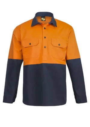 HI VIS CLOSED FRONT COTTON DRILL SHIRT WITH SEMI GUSSET SLEEVES