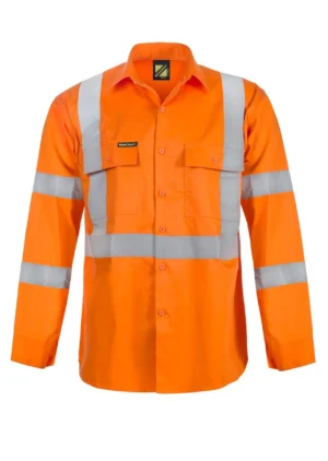 LIGHTWEIGHT HI VIS LONG SLEEVE VENTED COTTON DRILL REFLECTIVE SHIRT WITH X PATTERN – NSW RAIL COMPLIANT
