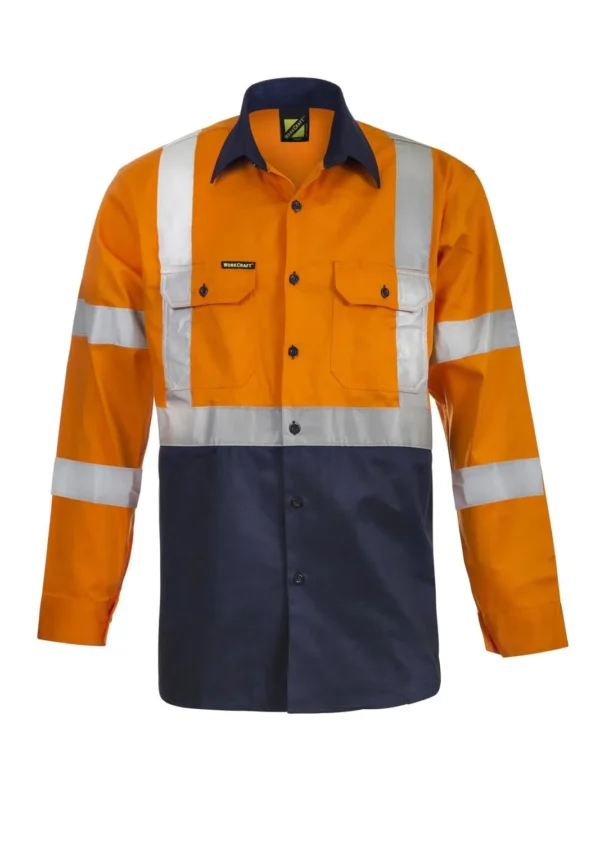 HI VIS LONG SLEEVE COTTON DRILL REFLECTIVE SHIRT WITH X PATTERN TAPE