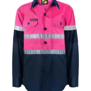 KIDS LIGHTWEIGHT TWO TONE LONG SLEEVE COTTON DRILL SHIRT WITH CSR REFLECTIVE TAPE