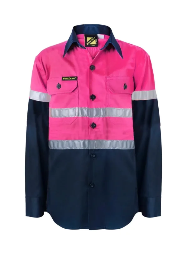 KIDS LIGHTWEIGHT TWO TONE LONG SLEEVE COTTON DRILL SHIRT WITH CSR REFLECTIVE TAPE - Image 2