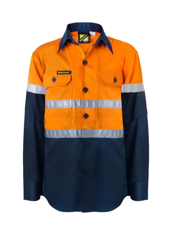KIDS LIGHTWEIGHT HI VIS LONG SLEEVE REFLECTIVE COTTON DRILL SHIRT