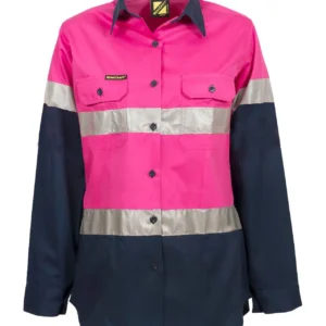 LADIES LIGHTWEIGHT HI VIS LONG SLEEVE VENTED REFLECTIVE COTTON DRILL SHIRT – NIGHT USE ONLY
