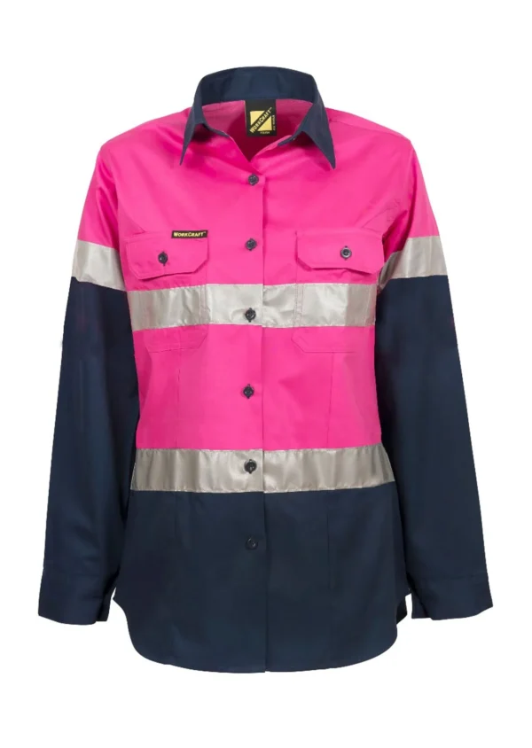 LADIES LIGHTWEIGHT HI VIS LONG SLEEVE VENTED REFLECTIVE COTTON DRILL SHIRT - NIGHT USE ONLY - Image 2
