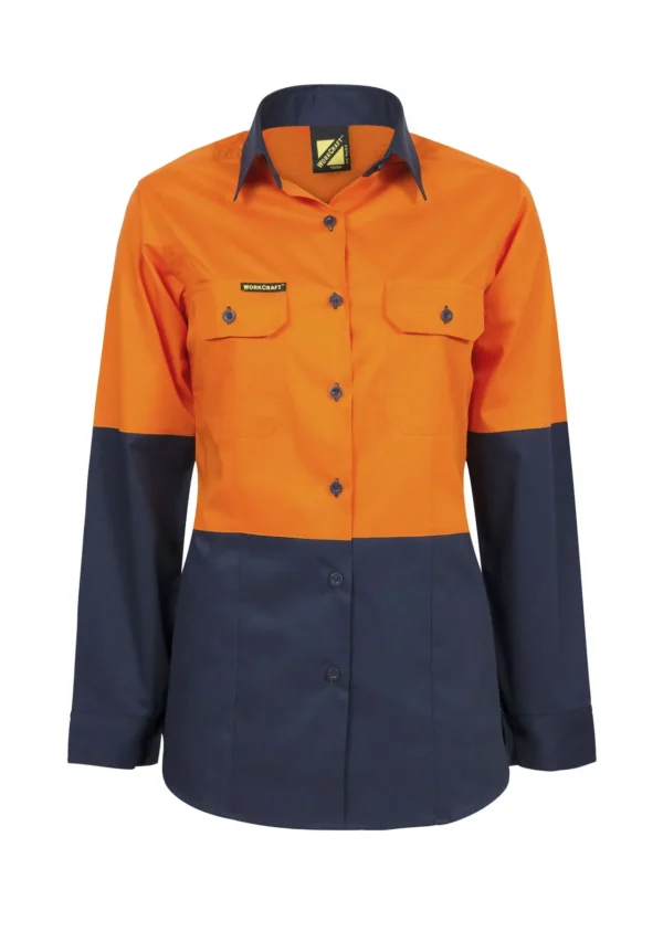LADIES LIGHTWEIGHT HI VIS LONG SLEEVE VENTED COTTON DRILL SHIRT