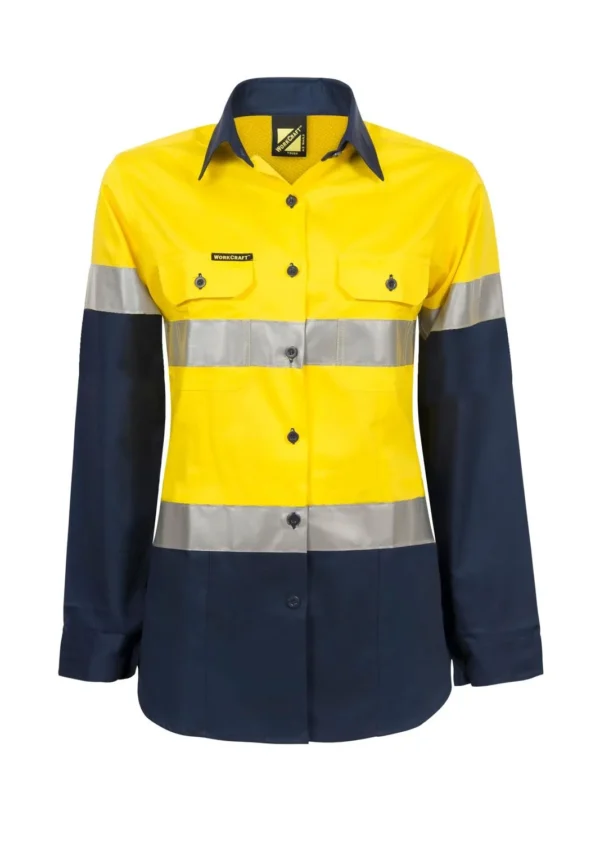 LADIES LIGHTWEIGHT HI VIS LONG SLEEVE VENTED REFLECTIVE COTTON DRILL SHIRT - Image 3