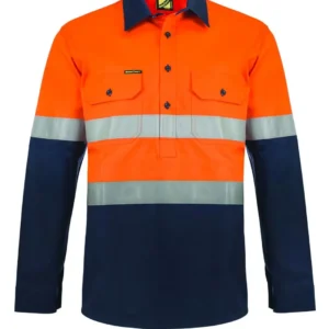 LIGHTWEIGHT HI VIS CLOSED FRONT VENTED COTTON DRILL REFLECTIVE SHIRT WITH SEMI GUSSET SLEEVES