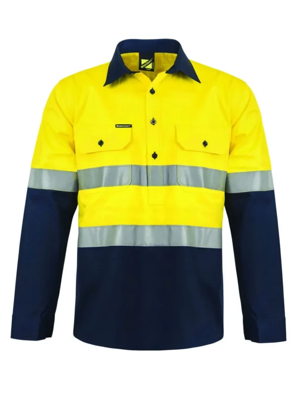 HEAVY DUTY HYBRID HI VIS CLOSED FRONT COTTON DRILL REFLECTIVE SHIRT WITH GUSSET SLEEVES