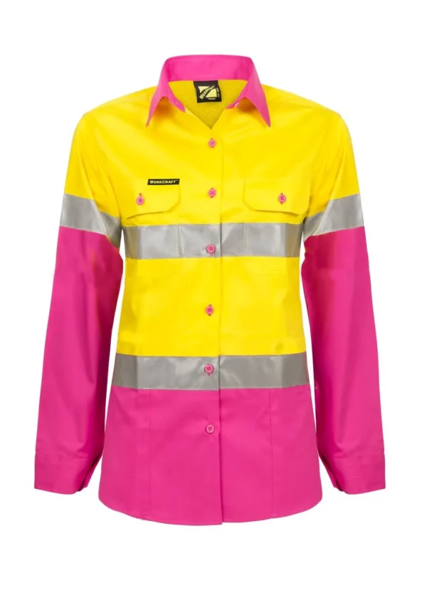 LADIES LIGHTWEIGHT HI VIS LONG SLEEVE VENTED REFLECTIVE COTTON DRILL SHIRT - Image 4