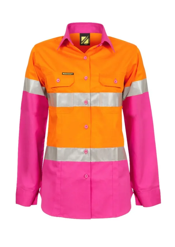 LADIES LIGHTWEIGHT HI VIS LONG SLEEVE VENTED REFLECTIVE COTTON DRILL SHIRT - Image 5