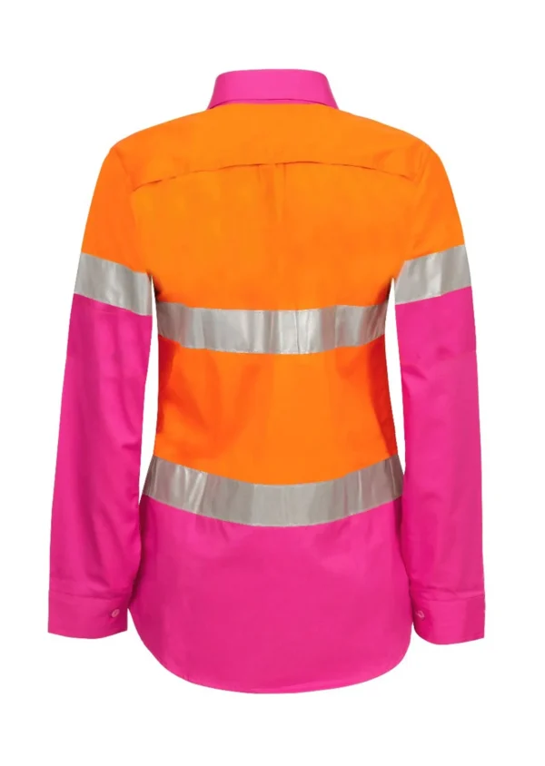 LADIES LIGHTWEIGHT HI VIS LONG SLEEVE VENTED REFLECTIVE COTTON DRILL SHIRT - Image 6