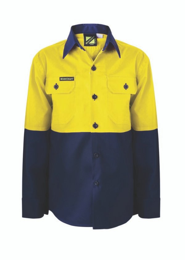 KIDS LIGHTWEIGHT HI VIS LONG SLEEVE COTTON DRILL SHIRT