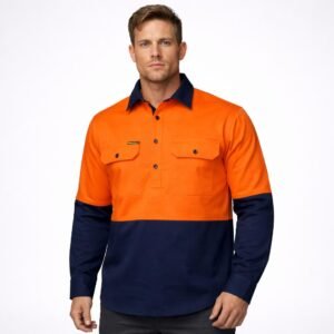 HEAVY DUTY HYBRID HI VIS CLOSED FRONT COTTON DRILL SHIRT WITH GUSSET SLEEVES
