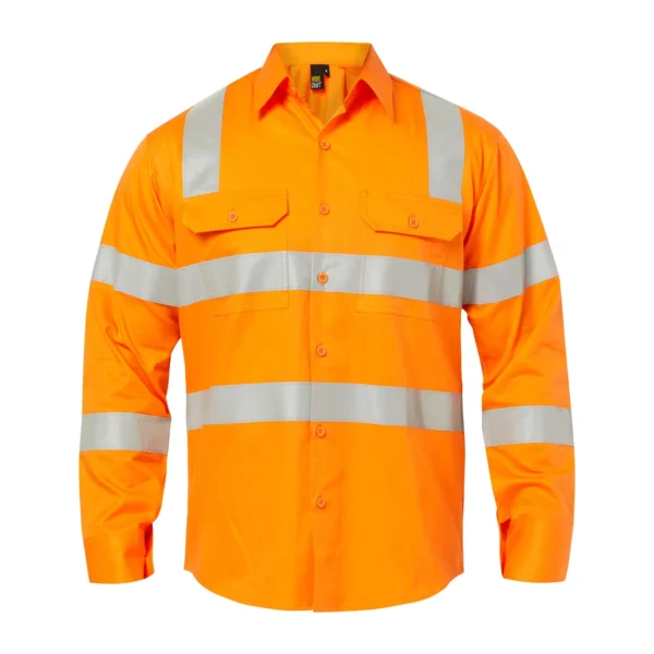 LIGHTWEIGHT HI VIS VENTED COTTON DRILL REFLECTIVE SHIRT WITH SEMI GUSSET SLEEVES- VIC RAIL COMPLIANT