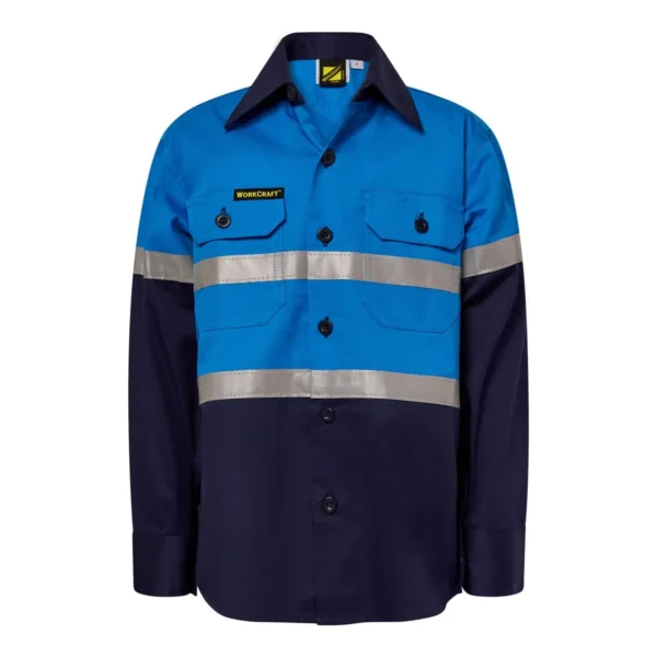 KIDS LIGHTWEIGHT TWO TONE LONG SLEEVE COTTON DRILL SHIRT WITH CSR REFLECTIVE TAPE