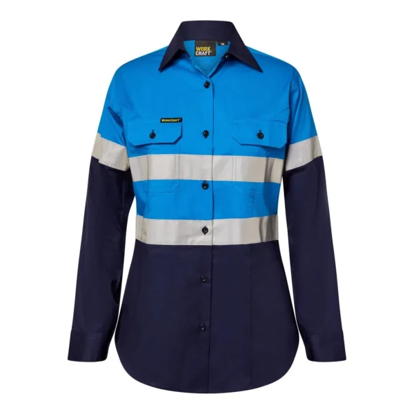 LADIES LIGHTWEIGHT HI VIS LONG SLEEVE VENTED REFLECTIVE COTTON DRILL SHIRT - NIGHT USE ONLY