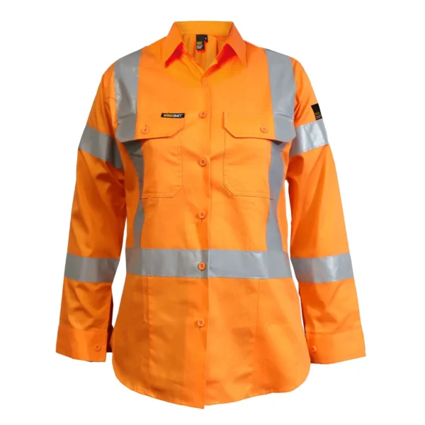 LADIES LIGHTWEIGHT HI VIS LONG SLEEVE VENTED REFLECTIVE SHIRT WITH X PATTERN-NSW RAIL COMPLIANT