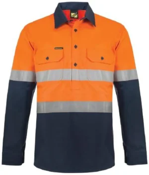 HI VIS CLOSED FRONT COTTON DRILL REFLECTIVE SHIRT WITH SEMI GUSSET SLEEVES