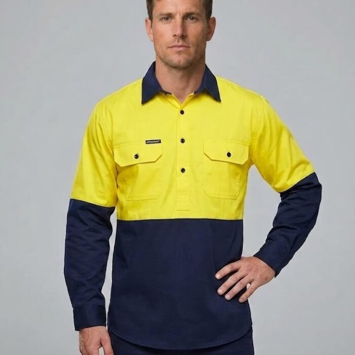 LIGHTWEIGHT HI VIS CLOSED FRONT VENTED COTTON DRILL SHIRT WITH SEMI GUSSET SLEEVES