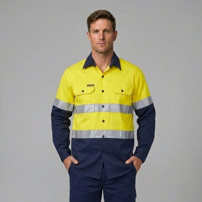 LIGHTWEIGHT HI VIS LONG SLEEVE VENTED COTTON DRILL REFLECTIVE SHIRT