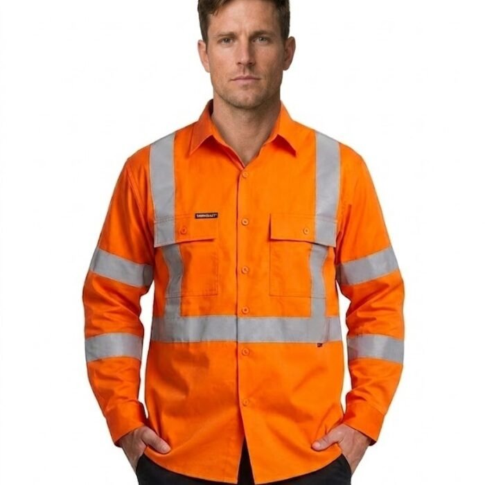 LIGHTWEIGHT HI VIS LONG SLEEVE VENTED COTTON DRILL REFLECTIVE SHIRT WITH X PATTERN - NSW RAIL COMPLIANT