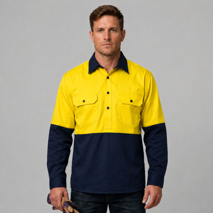 HI VIS CLOSED FRONT COTTON DRILL SHIRT WITH SEMI GUSSET SLEEVES