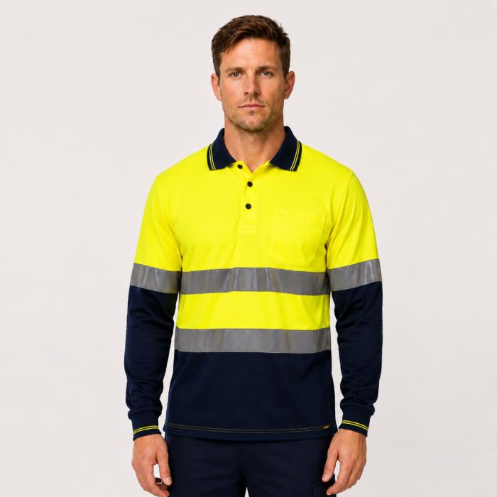 HI VIS LONG SLEEVE MICROMESH REFLECTIVE POLO WITH POCKET