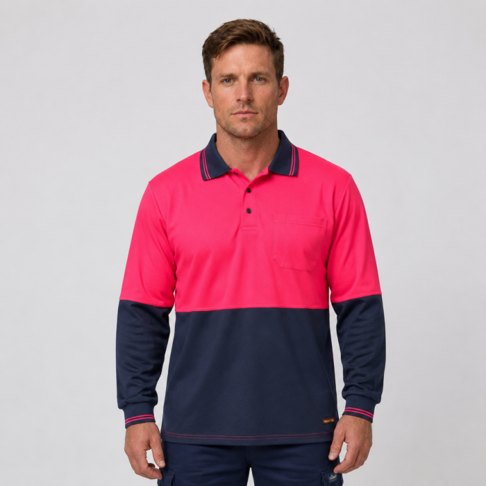 HI VIS LONG SLEEVE MICROMESH POLO WITH POCKET