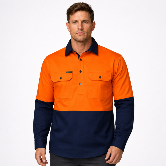HEAVY DUTY HYBRID HI VIS CLOSED FRONT COTTON DRILL SHIRT WITH GUSSET SLEEVES