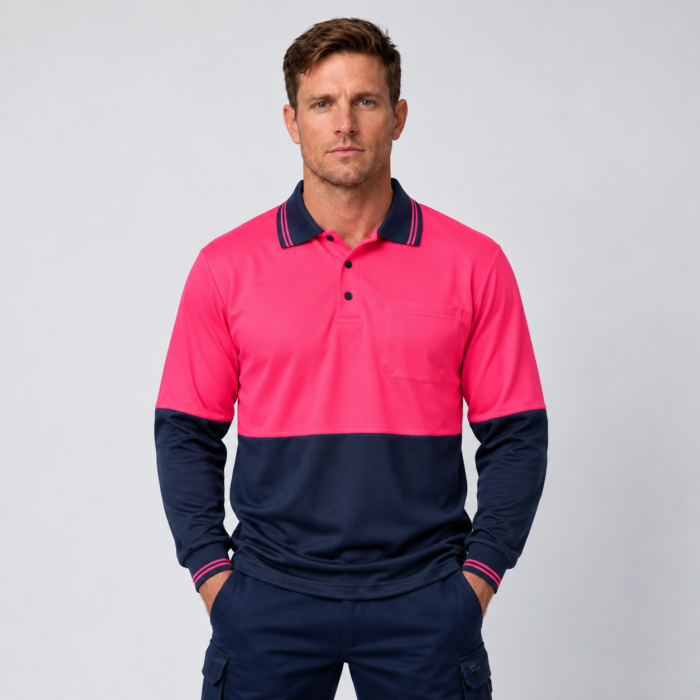 HI VIS LONG SLEEVE MICROMESH POLO WITH POCKET
