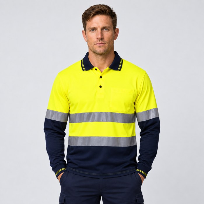 HI VIS LONG SLEEVE MICROMESH REFLECTIVE POLO WITH POCKET