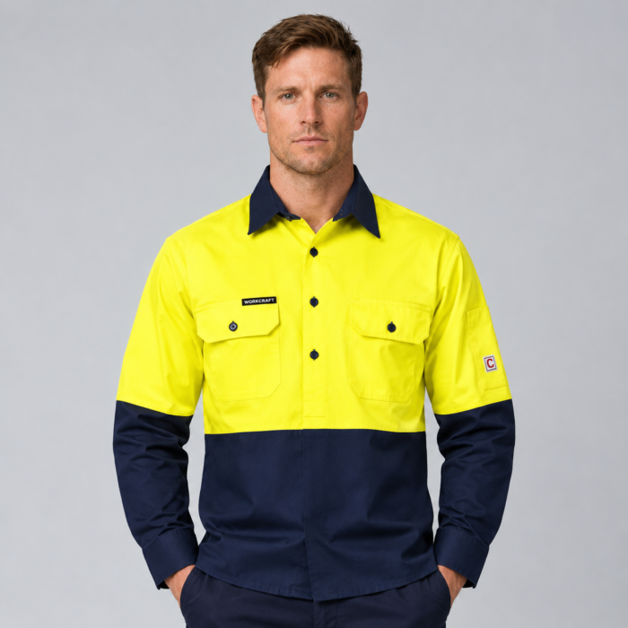 LIGHTWEIGHT HI VIS CLOSED FRONT VENTED COTTON DRILL SHIRT WITH SEMI GUSSET SLEEVES