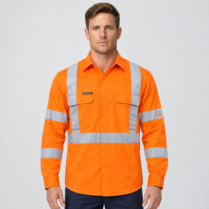 LIGHTWEIGHT HI VIS LONG SLEEVE VENTED COTTON DRILL REFLECTIVE SHIRT WITH X PATTERN - NSW RAIL COMPLIANT