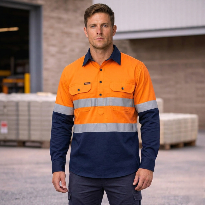 HI VIS CLOSED FRONT COTTON DRILL REFLECTIVE SHIRT WITH SEMI GUSSET SLEEVES