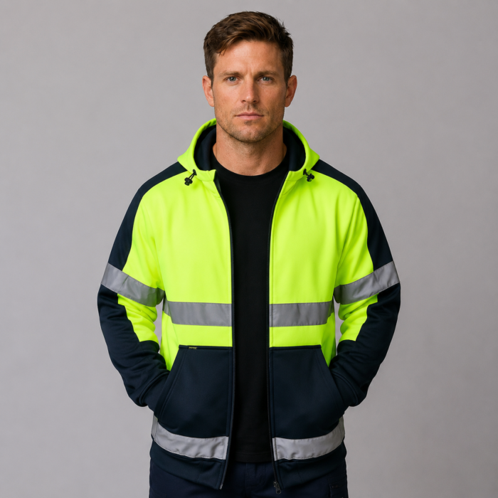Hi-Vis Full Zip Fleecy Safety Hoodie with Reflective Tape