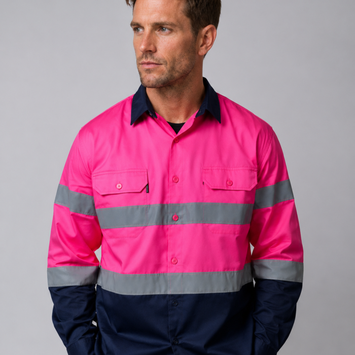 Unisex Pink Cotton Drill Work Shirt with Reflective Tape
