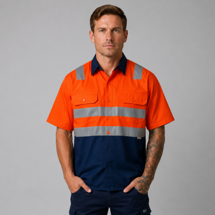 Hi-Vis Short Sleeve Cotton Drill Work Shirt with Tape