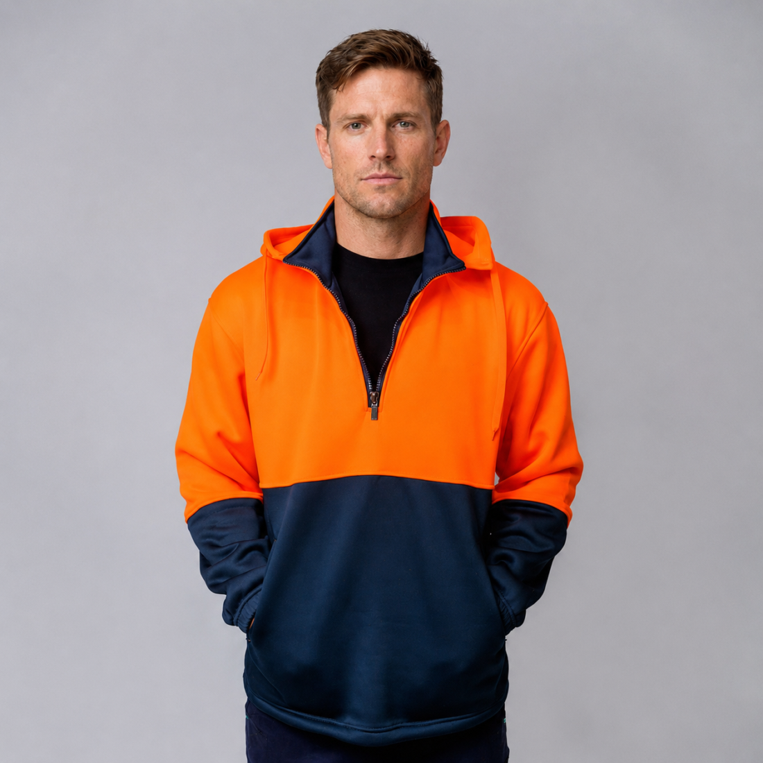 Hi-Vis Half Zip Safety Jumper with Hood & Reflective Tape