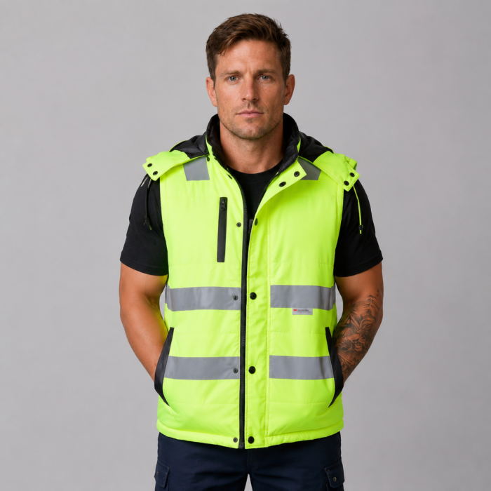 Hooded Hi-Vis Puffer Safety Vest with Reflective Tape