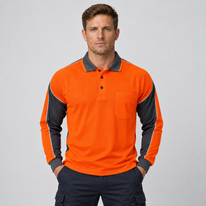 HI VIS Long Sleeve Workwear Polo Shirt Cool Dry Reflective Safety w Chest Pocket