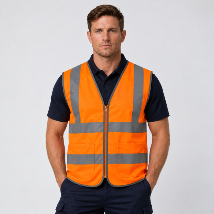Hi Vis Reflective Safety Vest Workwear with Zipper & Pocket Day & Night Orange