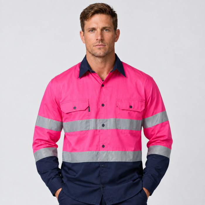 Unisex Pink Cotton Drill Work Shirt with Reflective Tape