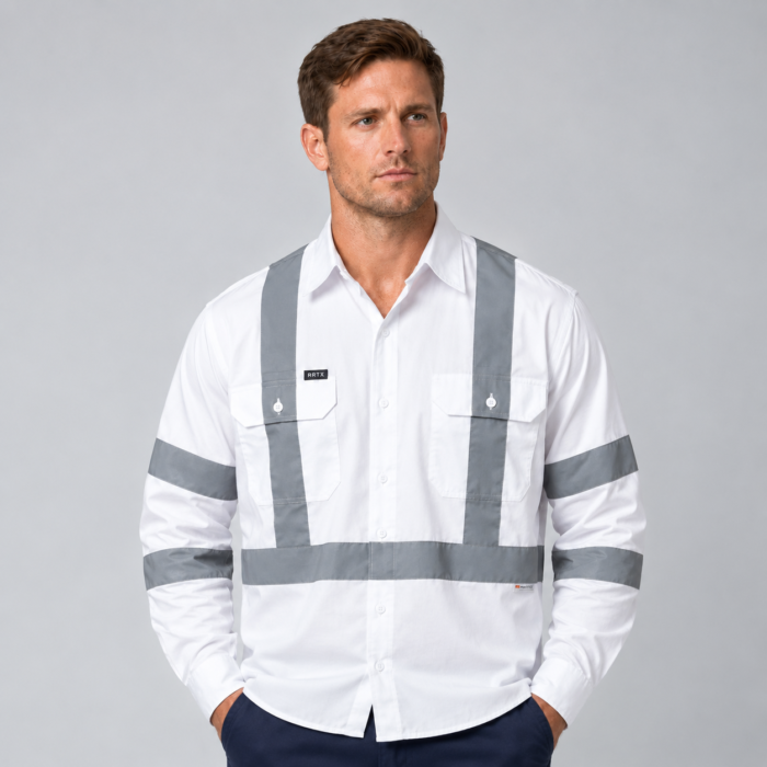 White Cotton Drill Long Sleeve Work Shirt with Reflective Tape