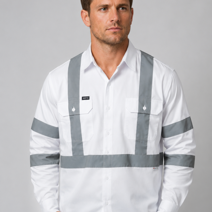 White Cotton Drill Long Sleeve Work Shirt with Reflective Tape