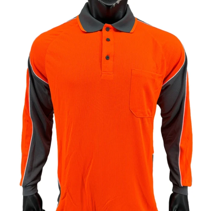HI VIS Long Sleeve Workwear Polo Shirt Cool Dry Reflective Safety w Chest Pocket