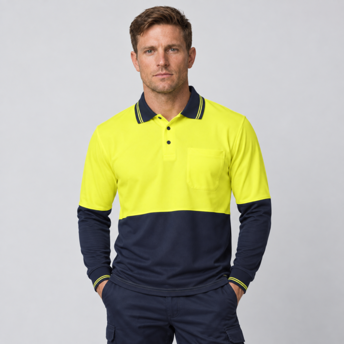 Hi Vis Long Sleeve Cotton Back Polo with Pocket - AS/NZS Compliant