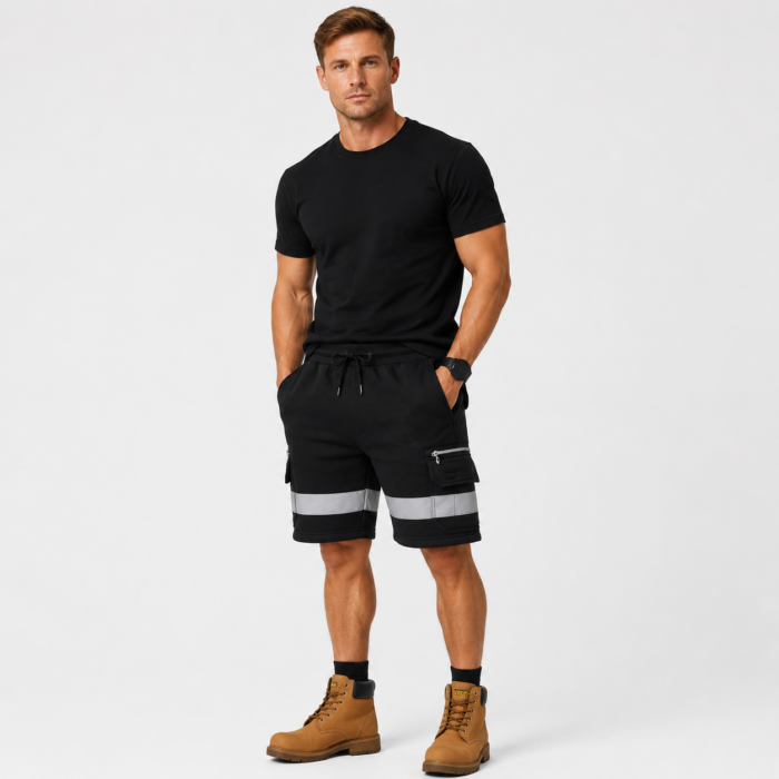 Hi Vis Fleece Work Cargo Shorts - Reflective Tape Tradie Utility Shorts