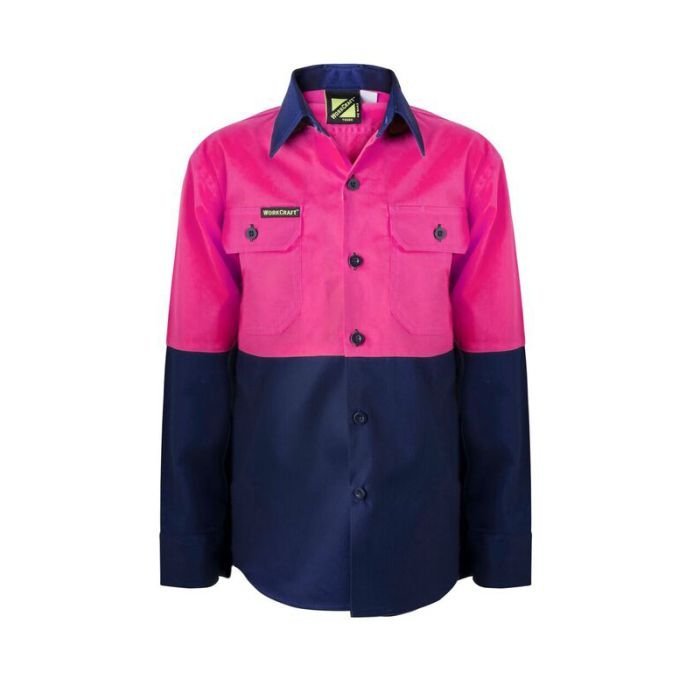 Kids Lightweight Two Tone Long Sleeve Cotton Work Shirt
